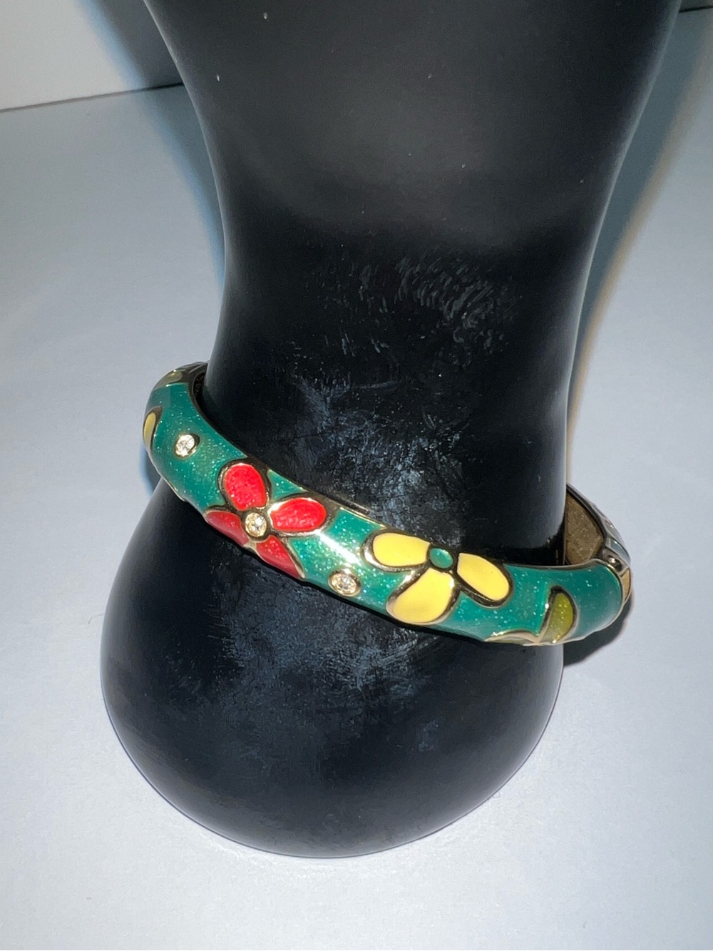 Betsey Johnson Green Enamel Hinged Floral Bangle with Red & Yellow Flowers